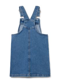 Denim tuinbroekdresses in medium blauw, met verstelbare schouderbanden, een stevige stoftextuur en gestikte details. Geen zakken.