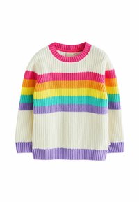 Pull tricoté coloré présentant des rayures horizontales en rose, orange, jaune, vert, bleu et violet sur un fond crème avec des poignets côtelés.