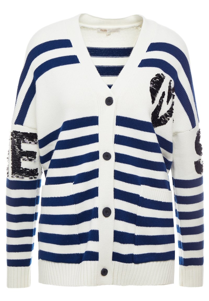 Cardigan à rayures blanches et bleu marine avec col en V, boutons sur le devant, poches et détails pailletés sur les manches. Texture en maille douce.