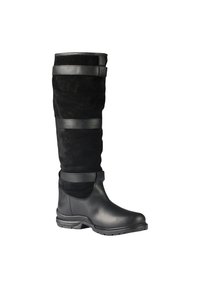 Bota negra hasta la rodilla con suela de cuero y correas, confeccionada con materiales de cuero y ante, diseñada para uso al aire libre con una suela resistente.