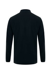 Polo shirt nero a maniche lunghe con colletto, caratterizzato da una texture liscia e orlo dritto. Nessun logo o motivo visibile.
