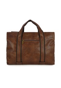 Bruine leren tote bag met twee bovenhandvatten, een voorzak met rits en contrasterende zwarte accenten. Glad textuur met een gestructureerde vorm.