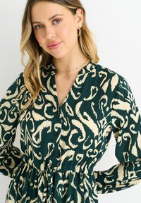 Green patterned dress with a buttoned neckline, long sleeves, and a drawstring waist. The design features cream-colored swirling motifs.