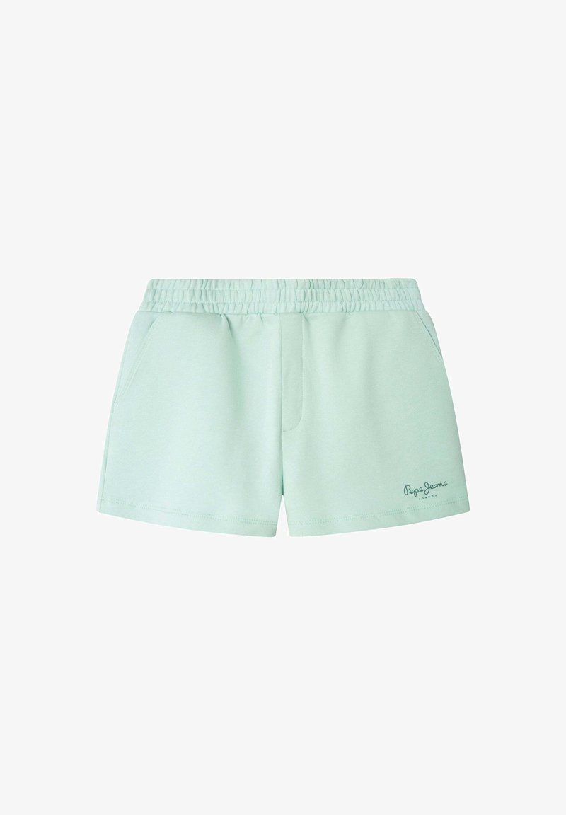Shorts en coton vert clair avec une ceinture élastique, deux poches latérales et un logo discret imprimé sur le bas à gauche.
