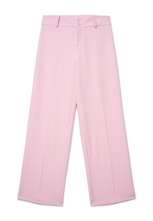 Pantaloni rosa chiaro a gamba larga con passanti per cintura e doppio bottone frontale, mostrati distesi su uno sfondo bianco.