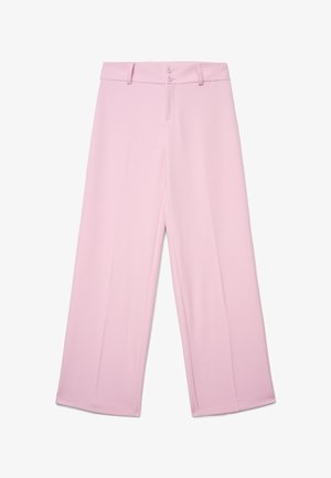 Pantaloni rosa chiaro a gamba larga con passanti per cintura e doppio bottone frontale, mostrati distesi su uno sfondo bianco.