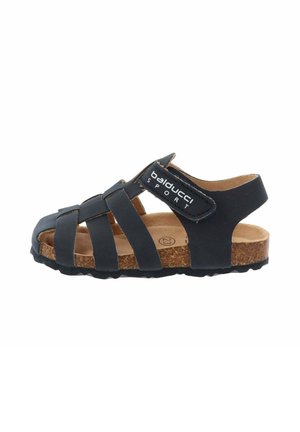 Sandalias negras con múltiples correas, suela de corcho, correa ajustable con logo, diseño abierto en la parte trasera, superficie texturizada para mayor agarre.