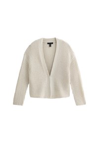 Ljusbeige stickad cardigan med v-ringning, öppen front och långa ärmar med ett mönster och ribbad kant.