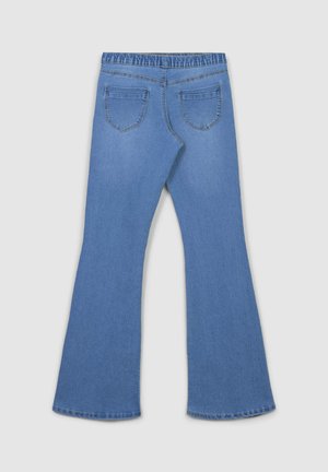 Jeans blu a palazzo con un elastico a coste in vita e due tasche posteriori. Il tessuto sembra morbido e liscio con dettagli di cucitura minimi.