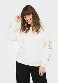 Felpa bianca con vestibilità rilassata, caratterizzata da motivi floreali intagliati sulle maniche e una texture liscia. Abbinata a pantaloni neri.