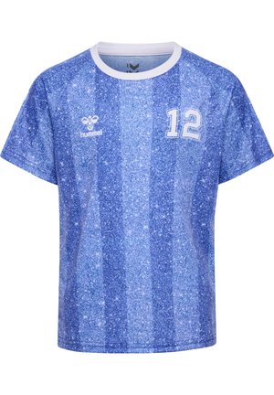 Blå sports T-shirt med korte ærmer og hvid krave, tekstureret stjernemønster, nummer 12 på højre bryst og hummel-logo på venstre bryst.