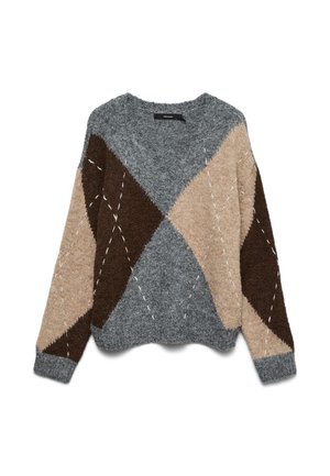 Grå, beige og brun strikkegenser med diamantmønster, vid rund hals og teksturert finish. Har kontrasterende hvite sømmer som aksenter.