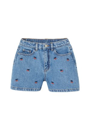 Jeansshorts mit elastischem Bund, Knopfverschluss, Vordertaschen und kleinen, auf dem Stoff verteilten, roten Kirschenstickereien.
