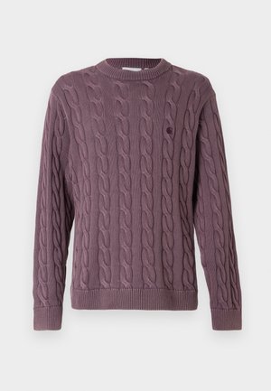 Suéter de punto trenzado en malva, con cuello redondo y puños acanalados, y un pequeño logo en el pecho como detalle adicional.