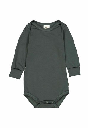 Langärmliger Body in Dunkelgrün, aus weichem Stoff mit Druckknöpfen im Schritt und einem runden Ausschnitt.