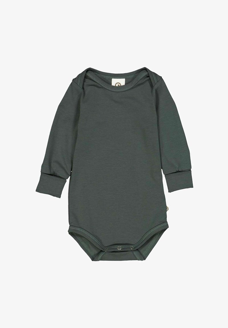 Bodysuit à manches longues en vert foncé, fabriqué à partir d'un tissu doux avec des fermetures à pression au bas et un col rond.