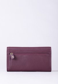 Purple leather wallet with a textured finish, featuring a zippered compartment on the front and neat stitching along the edges.