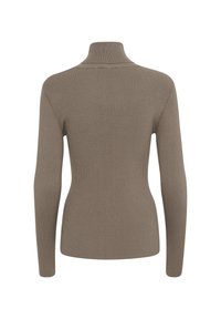 Rudas griovelis turtleneck megztinis su ilgomis rankovėmis. Turi prigludusį dizainą ir tekstūruotą audinį, tinkamą sluoksniavimui ir kasdieniam dėvėjimui.