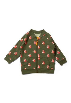 Grüne Sweatjacke mit Reißverschluss vorne, mit roten Fuchs-Mustern, elastischen Bündchen, zwei Fronttaschen und einem gestreiften Innenfutter.