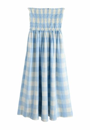 Robe bustier en vichy bleu et blanc avec corsage froncé et jupe évasée froncée en ligne A, style mi-long.