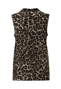 Beżowy top bez rękawów z czarnym nadrukiem w panterkę. Wysoki dekolt i miękka tekstura, z luźnym krojem i bez widocznych zapięć.