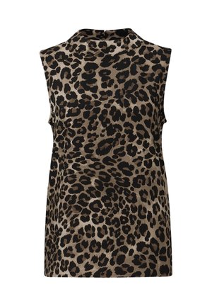 Beżowy top bez rękawów z czarnym nadrukiem w panterkę. Wysoki dekolt i miękka tekstura, z luźnym krojem i bez widocznych zapięć.