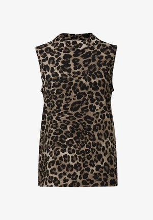 Top senza maniche beige con stampa leopardata nera. Collo alto e texture morbida, con una vestibilità rilassata e senza chiusure visibili.