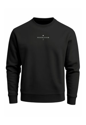 Black sweatshirt with a round neckline and long sleeves. Features the text "NEVERLESS®" in white on the chest. Smooth texture.