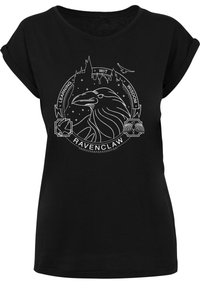Melnas īsām piedurknēm T-krekls ar baltu Ravenclaw emblēmu, krauša ilustrāciju un uzrakstu "MĀCĪŠANĀS, ASUMS, VIEDUMS."