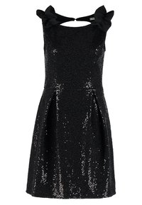 Svart paljettklänning med figurnära överdel och utsvängd kjol. Har axelband i form av rosetter och en design med nyckelhål bak för en dekorativ touch.