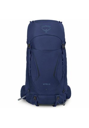 Donkerblauwe Osprey Kyte 48 wandelrugzak met meerdere riemen, gespen en zijzakken, ontworpen voor buitengebruik.
