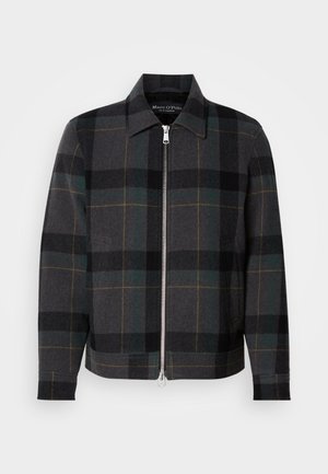 Gray plaid jacket made of wool-blend fabric. Features a zip closure, collar, long sleeves, and a contrasting yellow and green check pattern.