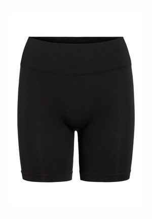 Juodi sportiniai šortai, pagaminti iš lygaus, tampraus medžiagos. Savybės: platus raištelis juosmens srityje ir apdailintos kojos, užtikrinančios tvirtą prigludimą.