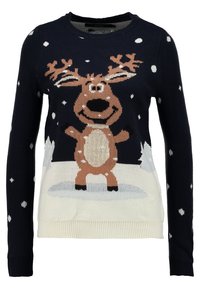 Granatowy dziergany sweter z motywem renifera, z brązowym reniferem, białymi płatkami śniegu oraz kremowym dołem i mankietami.