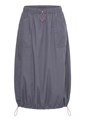 Grå knælængde nederdel med elastik i taljen, justerbare lyserøde snore ved talje og kant samt store frontlommer.