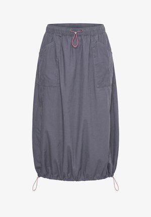 Szara spódnica do kolan z elastycznym pasem, regulowanymi różowymi sznureczkami w talii i na dole oraz dużymi naszywanymi kieszeniami z przodu.