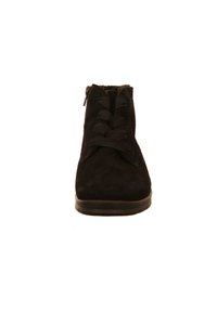 Schwarze Wildleder-Stiefelette mit runder Spitze, Schnürung auf der Vorderseite, Reißverschluss an der Seite und strukturierter Oberfläche. Flache schwarze Gummisohle.