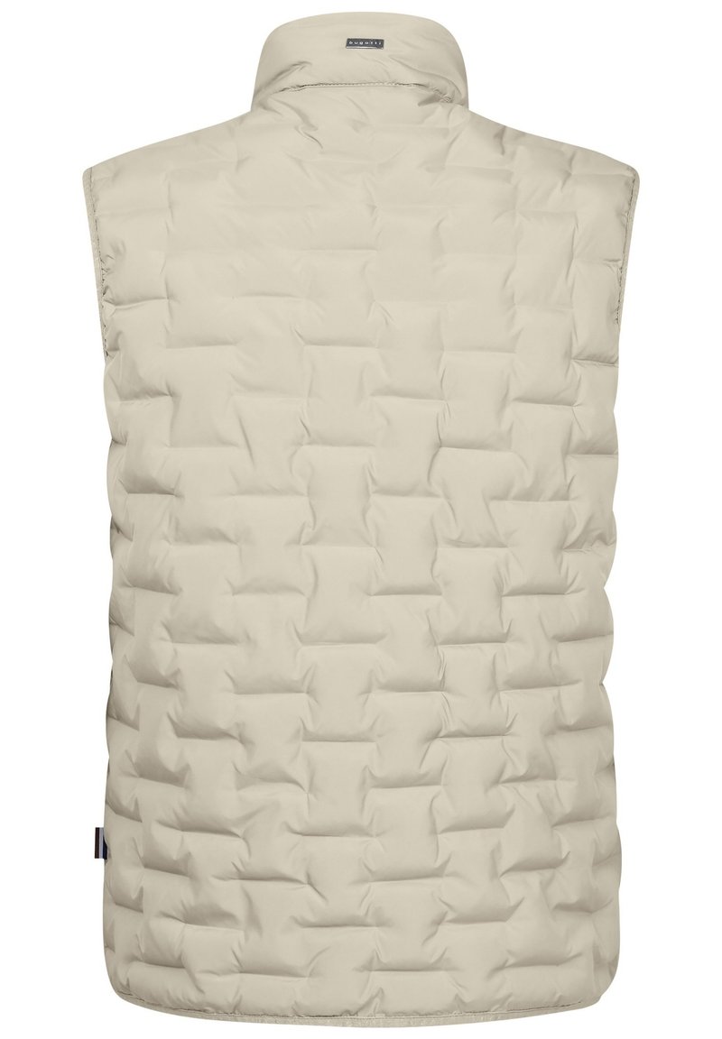 Beige ärmellose Steppweste mit hohem Kragen, versehen mit einer gesteppten Textur und seitlichen Nahtdetails. Leichtes Design für das Layering.