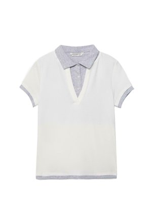 Kurzärmliges weißes Poloshirt mit hellgrauem Kragen, Knopfleiste, Ärmelbündchen und Saumdetails, flach auf einem weißen Hintergrund liegend.