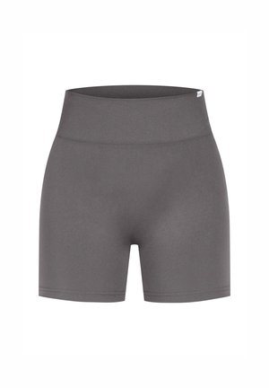Harmaat venytyshortsit, joissa on leveä ribbireunus. Sileä pinta ja vartalonmyötäinen muotoilu. Sopii urheilu- ja vapaa-ajan aktiviteetteihin.