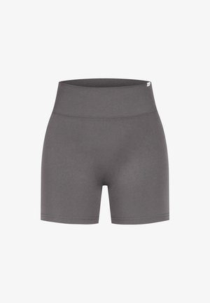 Harmaat venytyshortsit, joissa on leveä ribbireunus. Sileä pinta ja vartalonmyötäinen muotoilu. Sopii urheilu- ja vapaa-ajan aktiviteetteihin.