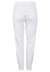 Jeans de mezclilla blanca con un diseño de pierna recta, estilo de cinco bolsillos y cintura de altura media, mostrados desde la parte de atrás con costuras visibles.