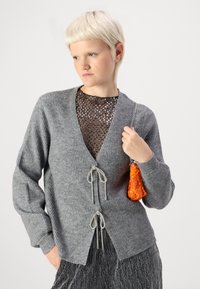 Hallide ribadega hall kardigan, millel on seotus, pikad varrukad ja V-kaelus. Kombineeritud sädelevate pluusiga ja oranži helmestest käekotiga.