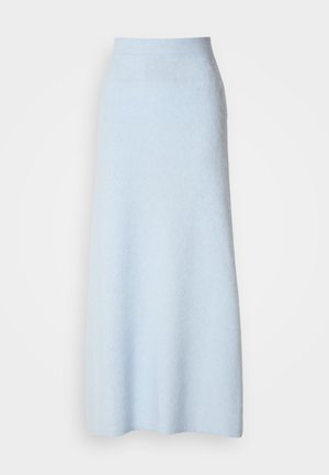 Saia de lã azul clara com cintura alta, formato em A, textura suave e sem padrões ou adornos visíveis.