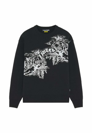 Maglione nero a maniche lunghe con motivo floreale bianco e nuvole sul petto, con la scritta "IUTER" in carattere gotico stilizzato.