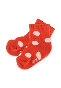 Red knitted socks with white polka dots, featuring a ribbed cuff and a size label "16/18" near the toe. Soft texture and standard ankle length.