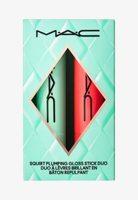 Die Verpackung des M·A·C Squirt Plumping Gloss Stick Duos zeigt eine mintgrüne Box mit einem diamantförmigen Ausschnitt, in der ein roter und ein mintfarbener Gloss Stick zu sehen sind.