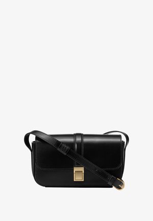 Black leather crossbody bag with a structured design, gold-tone square clasp, and an adjustable strap. Smooth texture and clean lines.