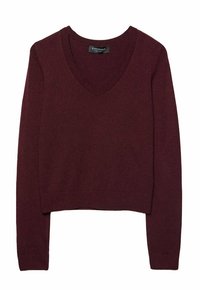 Bordeauxrode v-hals trui met lange mouwen, geribbelde breistructuur en een cropped snit. Voorzien van een gladde afwerking en minimalistisch ontwerp.