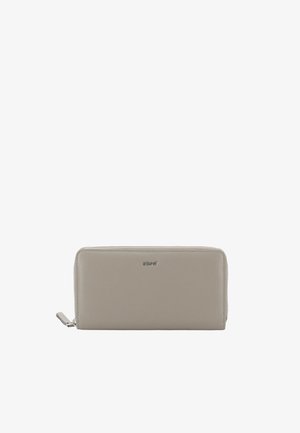 Beige Lederwallet mit Reißverschluss, glatter Textur, rechteckiger Form und einem kleinen silbernen Logo auf der Vorderseite.